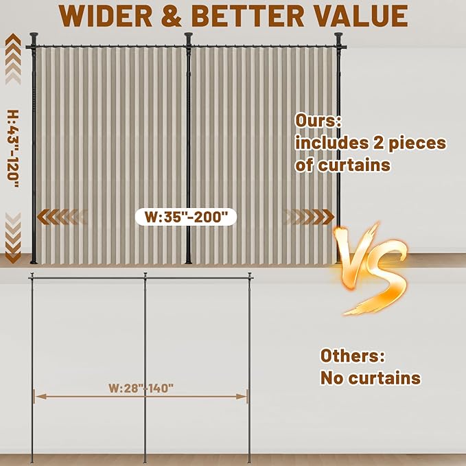 AJAZZ Room Divider Curtain (2 Panels, Cream White, W100 x L84 in)+ Curtain Rods No Drilling Adjustable Tension (H) 43-120×(W) 35-200 in, Heavy Duty Wall Divider for Apartment/Dorm