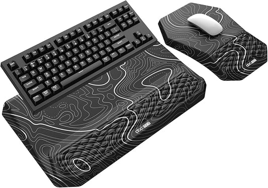 3-in-1 Ergonomic Keyboard Stand with Wrist Rest & Mouse Pad Set, Comfy Keyboard Riser Holder Soft Mousepad with Massage Design, Memory Foam and Non-Slip PU Base for Pain Relief, Topographic
