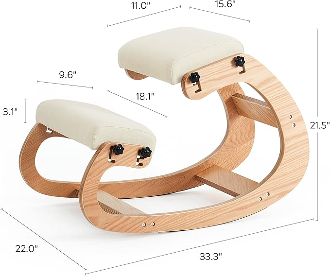 Ergonomic Kneeling Chair, Adjustable Rocking Office Chair Wooden Knee Chair Posture Chair for Home Office Back Pain Relief, Beige