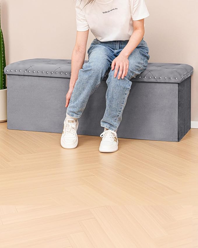 PINPLUS Storage Ottoman Bench with Benches Foot Rest Stool, Large Long Folding Velvet Shoes Chest for Bedroom, Living Room,（Grey） 43.3"x15.7"x15.7"
