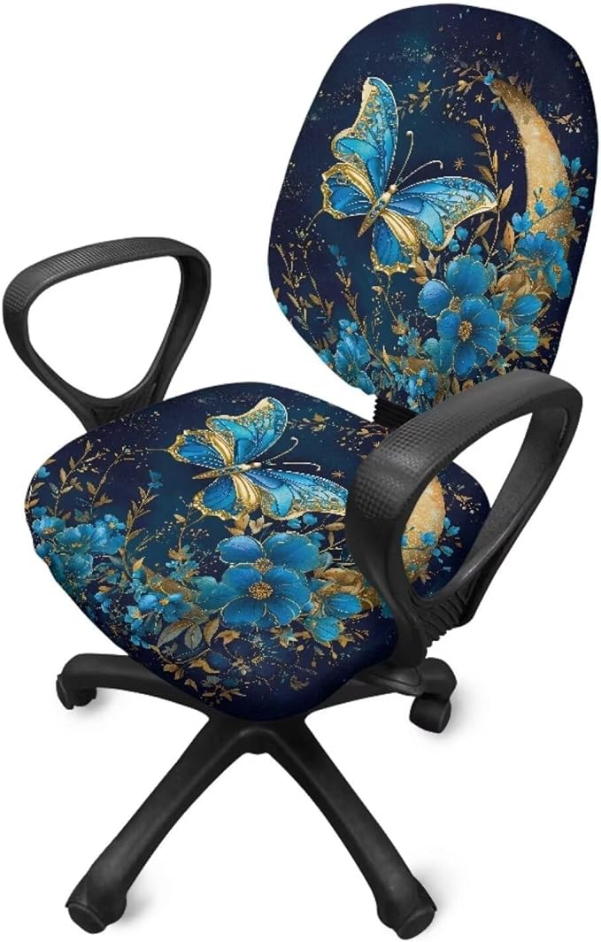 Butterfly Flower Office Chair Covers Stretchable Office Chair Seat Cover Removable Dorm Computer Rotating Chair Slipcover Desk Accessories Split Rotating Swivel Chair Padded Protector
