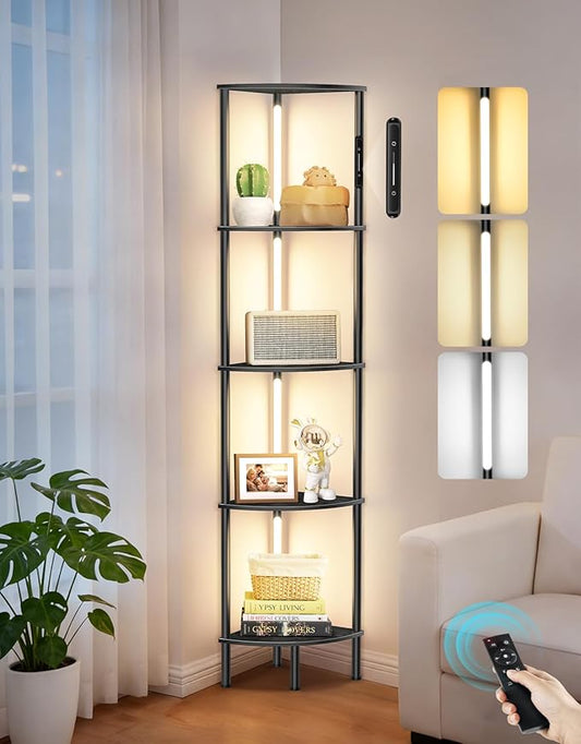 5-Tier Corner Bookshelf with LED Lights, Touch & Remote Control, 3 Color Temperatures, Dimmable Narrow Display Shelf with 1-Hour Timer for Living Room, Bedroom, Office(Black)