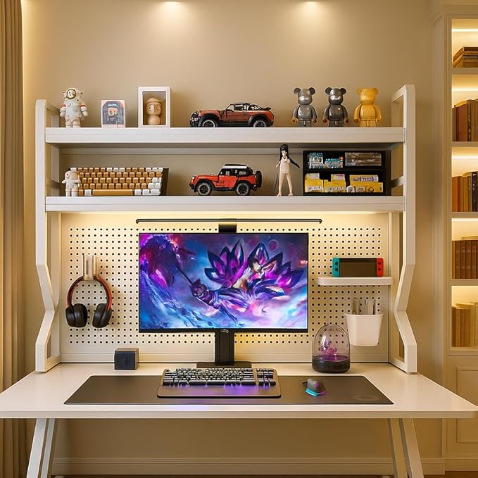 Desktop Hutch Bookshelf,Many Gifts,Metal Desktop Bookcase with pegboard, Desk Shelf, Countertop Storage Organizer Rack for Dorm or Office,Desktop Shelves (White, 29.5" Lx9.9 Wx39 H)