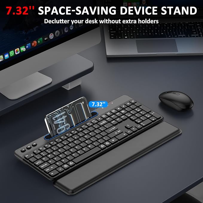 Ergonomic Wireless Keyboard and Mouse Combo, Full Size Silent Ergonomic Keyboard with Cloud Soft Palm Rest, Phone Holder, 3 DPI Adjustable Mouse, 2.4G Lag-Free Quiet for Mac, Windows, PC, Laptop