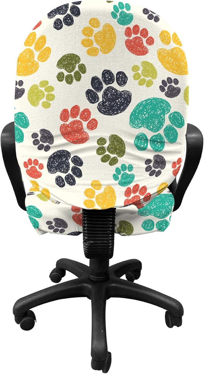 Ambesonne Dog Lover Office Chair Slipcover, Hand Drawn Paw Print Doodles Circular Pattern Children Drawing Style Animal, Protective Stretch Decorative Fabric Cover, Standard Size, Charcoal Beige