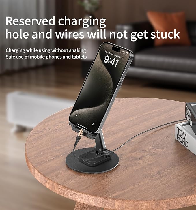 360° Rotating Cell Phone Stand for Desk, Adjustable & Foldable Phone Holder, Aluminum Desktop Phone Stand with Anti-Slip Base, Compatible with iPhone, iPad, Android Phones, K39B-Black