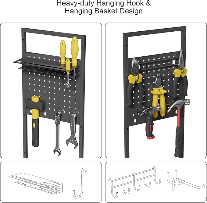 Power Tool Organizer Cart with Charging Station, Heavy Duty Garage Tool Organizer Rolling Tool Battery Storage with 8-Outlet Power Strip, 4 Wheels, 2 Hanging Baskets, 8 Hooks, Drill Bit Holder, Black