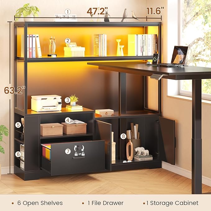 SEDETA 56.7" L Shaped Standing Desk, Reversible Computer Office Desk with Drawers & Hutch, Stand Up Corner Gaming Desks with LED Lights & Power Outlets for Home Office, Black
