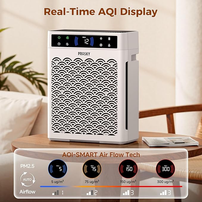 Air Purifiers for Home Large Room up to 3000sq.ft, PRASKY HEPA Air Purifier & with Activated Carbon for Office, Bedroom, Dorm Room, Kitchen