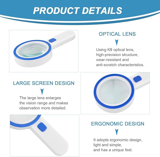 Magnifying Glass with 12 LED Lights, Double Glass Lens Handheld Illuminated Magnifier Reading Magnifying Glass with for Seniors Read, Coins, Stamps, Map, Inspection, Macular Degeneration (Blue)
