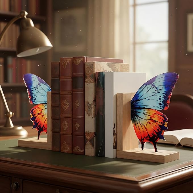 Decorative Butterfly Bookends Wooden Acrylic Butterflys Bookend Modern Bookshelf Decor Accent Book Stopper Decor for Home Farmhouse Shelves Office Lover Gift(Aglais Butterfly)