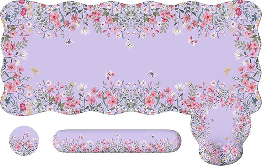 iCasso Desk Mat Set,Large Mouse Pad with Wrist Rest,Ergonomic Keyboard Wrist Support for Women,Girly Floral Computer Mat with Scalloped Edges,Non-Slip Desk Pad Home Office Gaming (Purple)