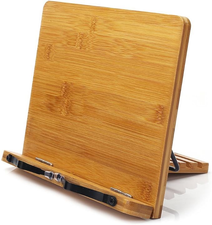 wishacc Bamboo Book Stand, Adjustable Book Holder Tray and Page Paper Clips-Cookbook Reading Desk Portable Stable Hard-Wearing Lightweight Bookstand-Textbooks Books