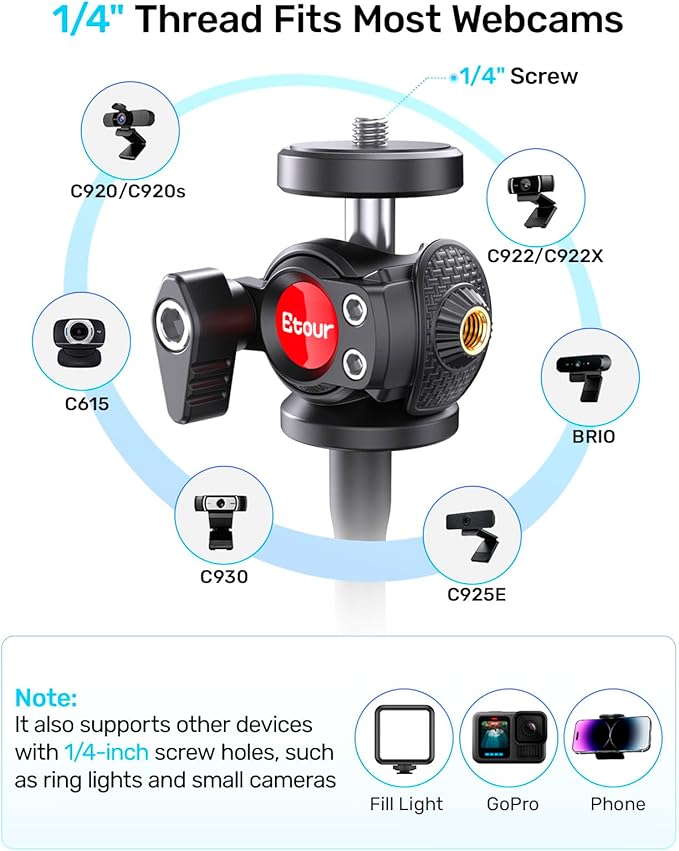 Webcam Tripod Stand with Phone Holder, Gooseneck Arm with 360° Ballhead for Desktop & Overhead Recording, Compatible with Logitech Cam C920 C922 C930e C960 C615 BRIO NexiGo N60 with 1/4'' Thread