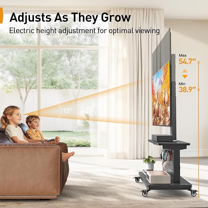 Perlegear Motorized Mobile TV Stand on Wheels, Electric Height Adjustable TV Cart for 32-80″ TVs up to 100 lbs, Rolling TV Stand with Remote Control, 4 Height Memory, ±35° Swivel with Pegboard Storage