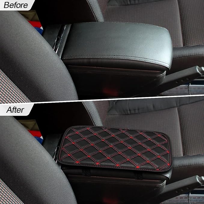 8sanlione Car Leather Center Console Cushion Pad, 11.4"x7.4" Waterproof Armrest Seat Box Cover Fit for Cars, Vehicles, SUVs, Comfort, Car Interior Protection Accessories (Black/Red-2)