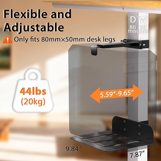 Liitrton Under Desk PC Mount - No Drill PC Holder- Heavy Duty Clamp-On PC Mount for Standing Desk Legs 3.15"(80mm)×1.97"(50mm), Adjustable Height & Width PC Stand Under Desk Computer Mount CPU Holder