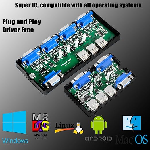 KVM Switch VGA 4 Port - KVM Switcher for 4 Computers Share 1 Monitor & 3 USB 2.0 Devices,Keyboard Mouse Printer,Driver-Free for All OS,4 KVM Cables 1 Desktop Controller Included