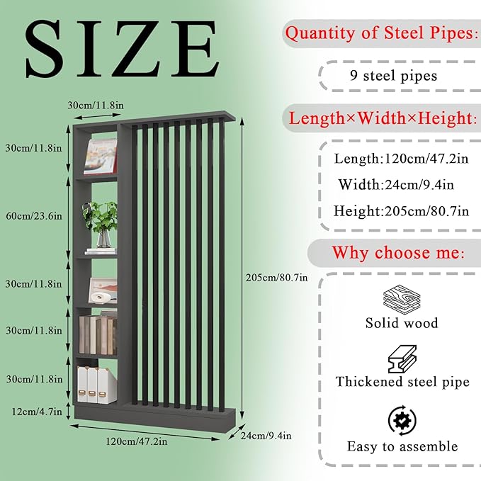 Room Divider with Shelves, Entrance Hall Partition Screen Column Floor to Ceiling - Freestanding Room Divider with Storage Shelf, Freestanding Decor for Bedroom (A Gray + Black, 47.2in / 120cm)