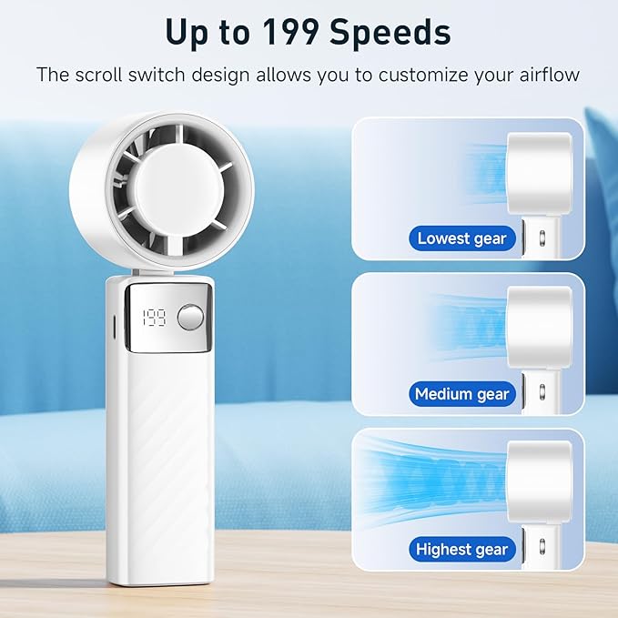 YOSHENMO Portable Handheld Turbo Fan - Foldable Mini Fan with Air Turbo Tech, 1-199 Speed Adjustment, 20H Runtime, LED Display, Battery-Powered for Indoor/Outdoor Use Light White (Pack of 2)