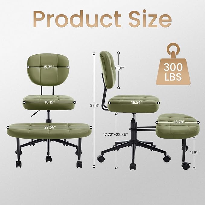 Criss Cross Chair Armless Office Chair for Cross Legged Sitting, 300lb Heavy Duty Ergonomic Desk Chair for ADHD, Adjustable Meditation Yoga Kneeling Chair with Brake Wheels for Home Office (Green)