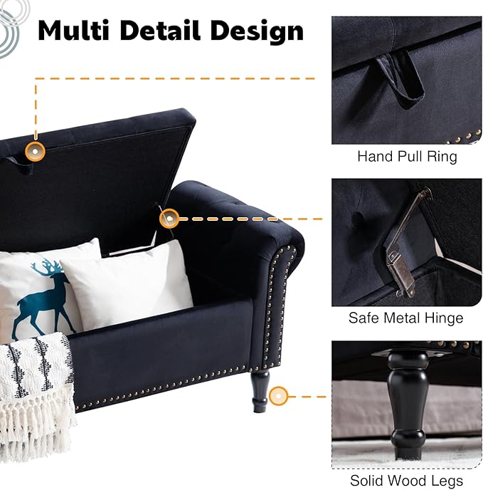 67'' Storage Bench for Bedroom End of Bed, Storage Bench for King Size Bed, Upholstered Tufted Storage Ottoman Benches with Arms for Living Room Entryway,Velvet Black