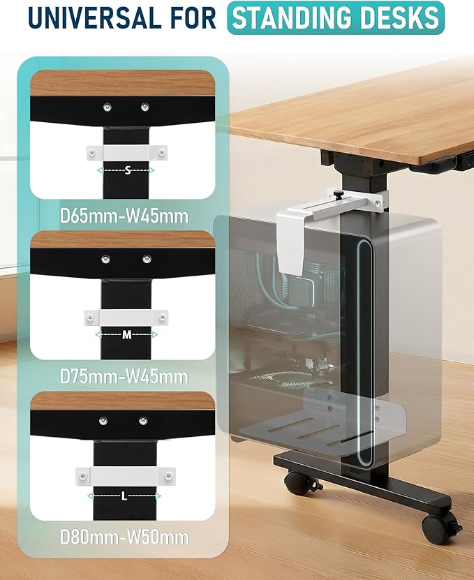 TOPSKY Adjustable Under-Desk PC Mount, No-Drill Computer CPU Holder for Standing Desks, Supports up to 50 lbs, Easy Installation, Compatible with Most Standing Desks（White）