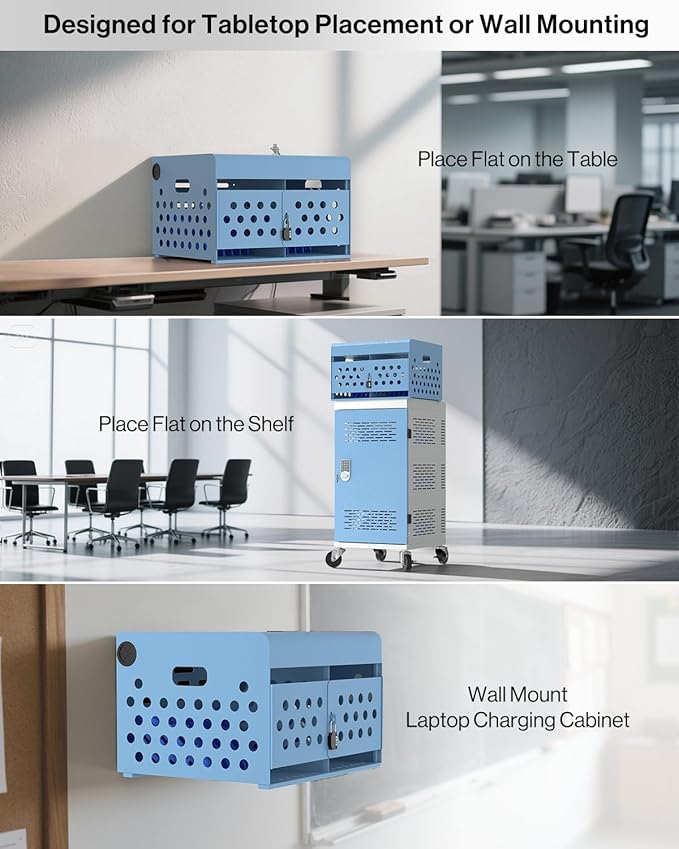 16-Device Charging Station for Laptops & Tablets, Wall-Mount Metal Charging Cabinet for Chromebooks, iPads – Lockable Charging Cart with Cable Management & Power Organization for Schools & Offices
