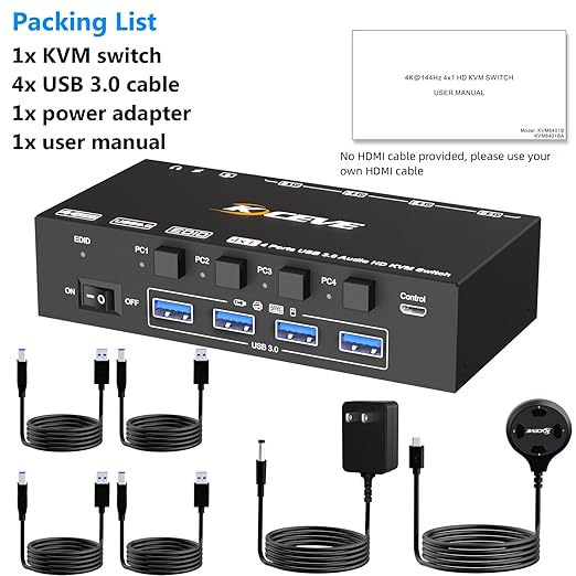HDMI KVM Switch with Audio, 4 Ports KVM Switcher 8K@60Hz, with EDID Emulator for 4 Computers Share Mouse Keyboard and Monitor