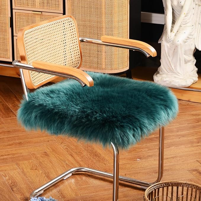 LLB Sheepskin Chair Covers Office Chair Cushion Dining Room Chair Pads Desk Chair Seat Cushion for Computer Chair Fur Area Rugs for Living Room 18x18 Inch (Pack of 1), Peacock Blue