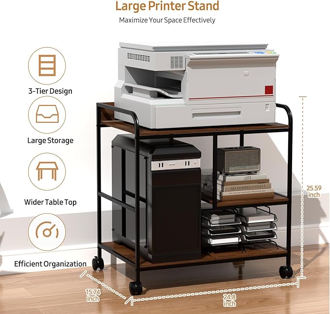 Printer Stand Large Storage for Office: Sturdy Steel Frame Mobile and Printer Table with Adjustable Storage Shelf - Easy Installation and Stability Design Table with Wheels for Scanners Paper File