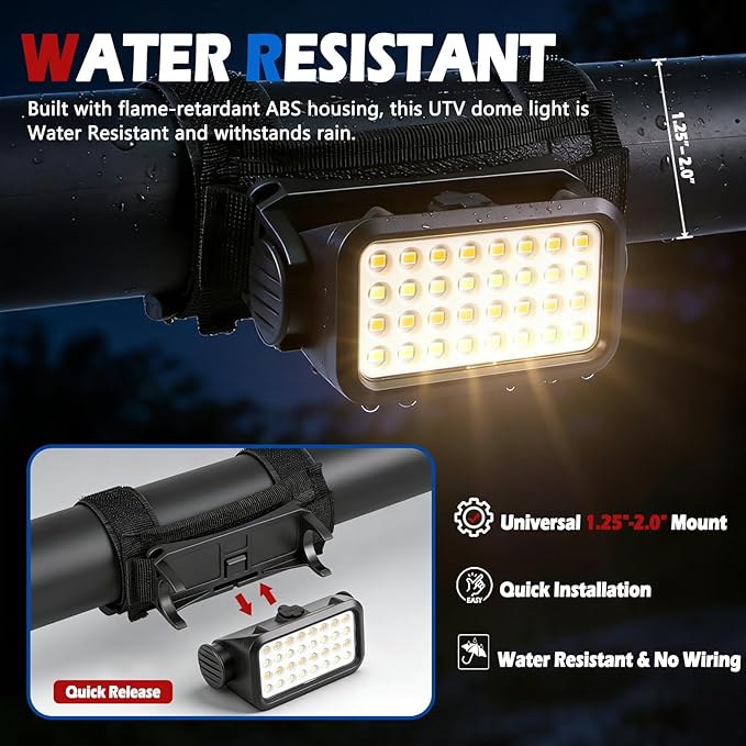Xislet 2 Pack UTV Dome Lights, 32pcs LED Chips Type-C Rechargeable UTV Interior Light Compatible with Polaris RZR Ranger Can-Am Maverick Honda Talon 1.25"-2.0" Roll Bar Cage Roof Lights