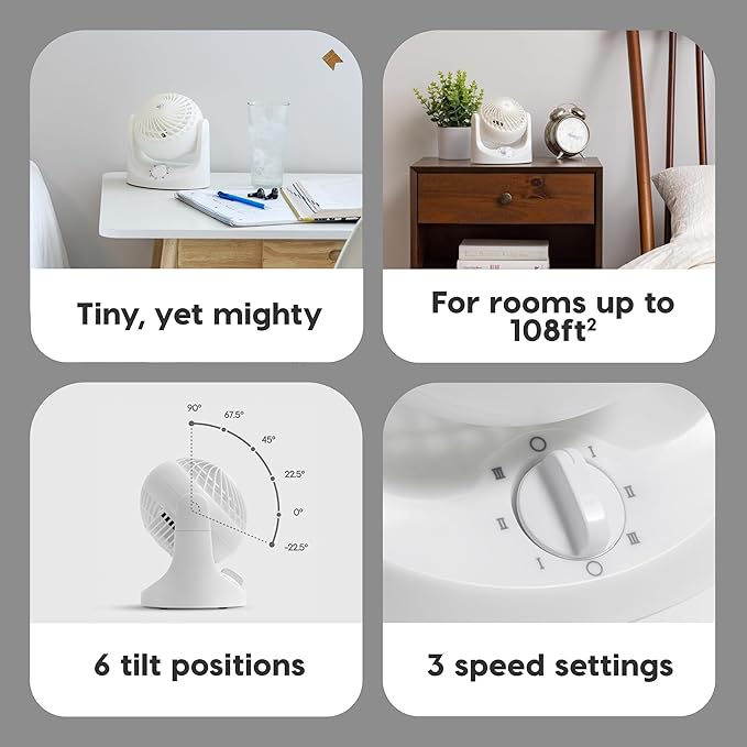 IRIS USA WOOZOO Mini Desk Fan, Air Circulator, 3 Speeds, 32ft Max Air Distance, 108ft² Coverage, 112° Adjustable Vertical Tilt, 27db Quiet Motor, Small Fan for Bedroom, Office, Dorm, White (HE10N)
