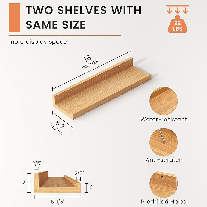 FLYJOE Picture Ledge Shelf, Floating Shelves Set of 2, 16 Inches Nursery Book Shelves for Toys Storage, Kids Bookshelf Wall Mounted for Living Room Bedroom Decor Books Photo Frames, Natural Oak