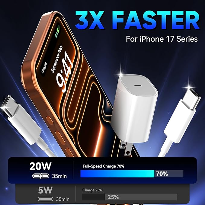 Phone 17 16 15 Pro Charger Fast Charging, 20W USB C Fast Charger Block with 6.6FT Long Type C Chargers Fast Charging Cable Cord for Phone 17/17 Pro/17 Pro Max/Air/16 Pro Max/16 Pro/15Pro Max/Pro, S24