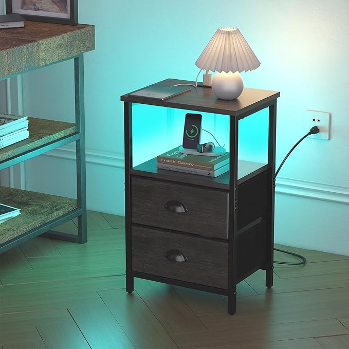 sthmec Nightstand with Charging Station, LED Night Stand with 2 Fabric Drawers, Bedside Tables End Table with Drawers, 2-Tier Storage Side Table Nightstand with Drawers for Bedroom, Black Oak