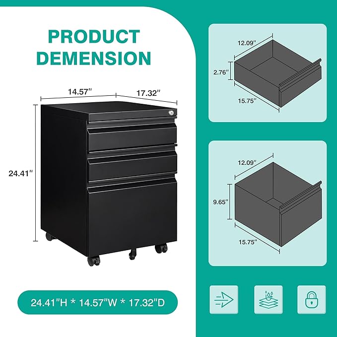 SISESOL 3 Drawer Mobile File Cabinet with Lock,Black Under Desk File Cabinets with Wheels,Rolling Metal Filing Cabinet for Home Office,Fit Legal/Letter/a4 File,Fully Assembled Except Caster