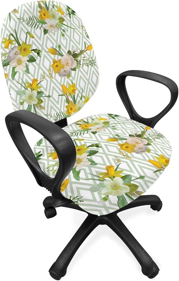 Ambesonne Watercolor Office Chair Slipcover, Diamond Pattern Blooming Floral Arrangement Petals and Leaves, Protective Stretch Decorative Fabric Cover, Standard Size, Green Yellow