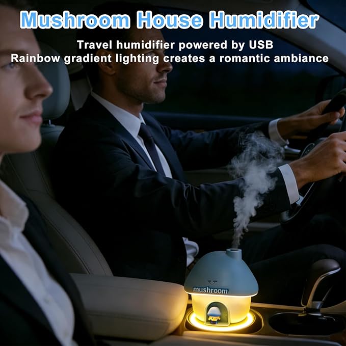 Mushroom House Humidifiers, Rechargeable Desktop Silent Air Humidifier with Night Light, USB Portable Cute Mist Humidifiers with Rainbow Gradient Lighting for Home, Office, Car, and Travel (Pink)