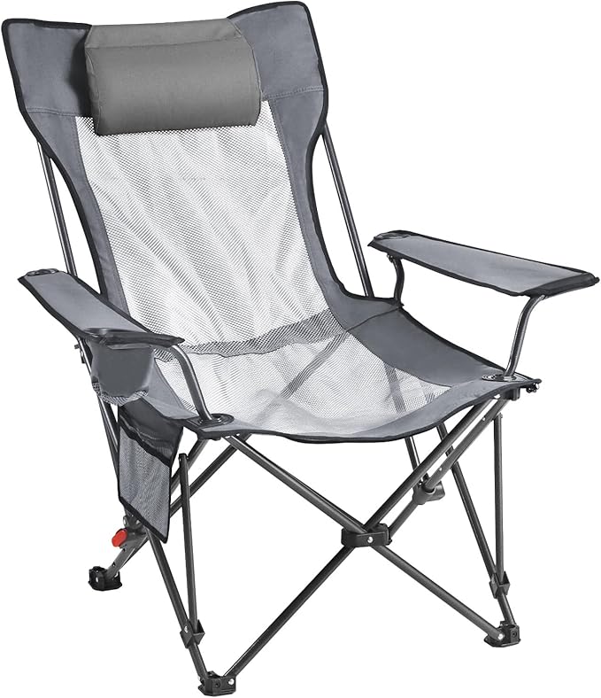 VEVOR 2-in-1 Reclining Camping Chair with Footrest for Adults, 4 Adjustable Positions, Portable Folding Lounger, Lightweight Mesh Beach Chair Supports 220lbs, Heavy Duty Camp Chairs Outdoor, Gray