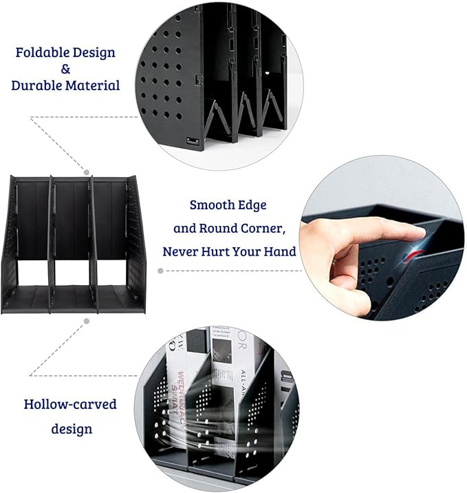 Marte Vanci Collapsible 3 Compartment Magazine Holder Desktop Organiser Adjustable Sturdy File Dividers Document Cabinet Rack Display (2 Pcs Black)