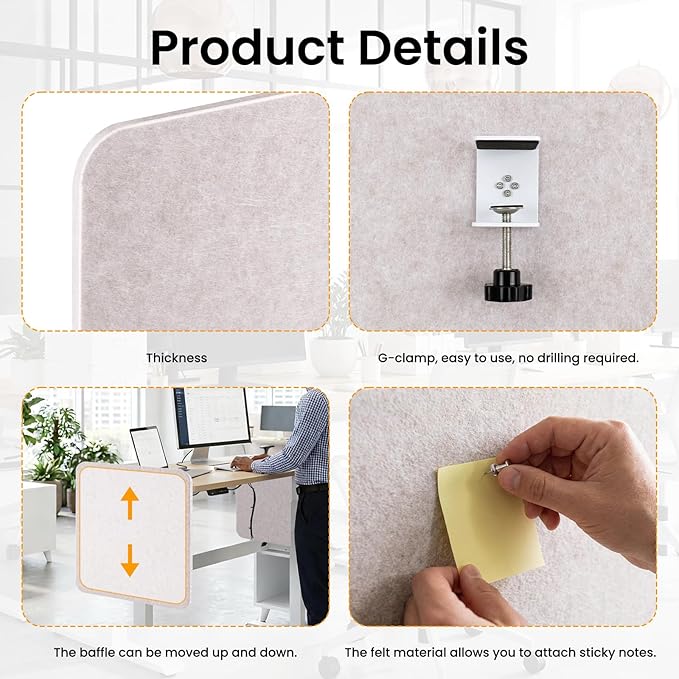 Desk Divider, Clamp On Felt Desk Privacy Panels, Acoustic Sound Absorbing Desk Partition for Office Desk, Reduce Distractions, Oatmeal, 2 Pack, 24 x 24 in