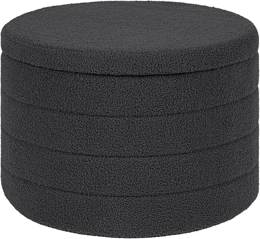 22 Inch Round Boucle Ottoman with Storage, Sherpa Teddy Fabric Ottoman Footstool, Folding Storage Foot Rest for Bedroom, Living Room Dorm, Darkgrey