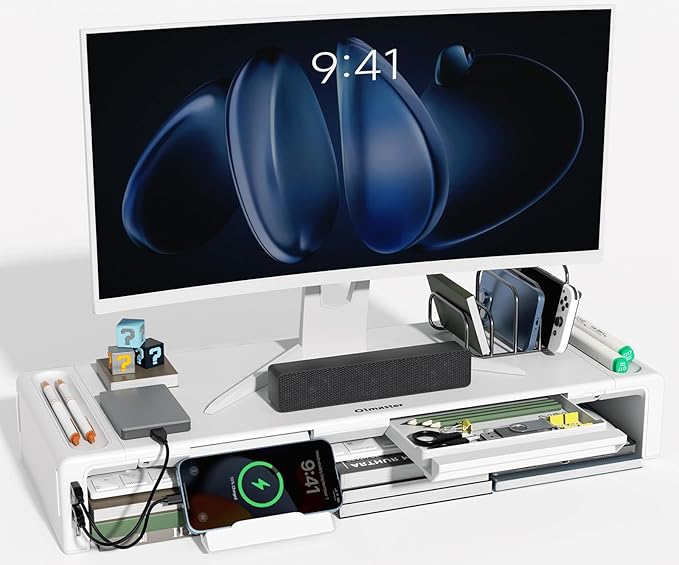 OImaster Monitor Stand Riser, Foldable Computer Monitor Riser, Adjustable Length Computer Stand and Storage Drawer & Pen Slot, Phone Stand Compatible Computer, Desktop, Laptop, Save Space (White-3.0 HUB-Adapter)