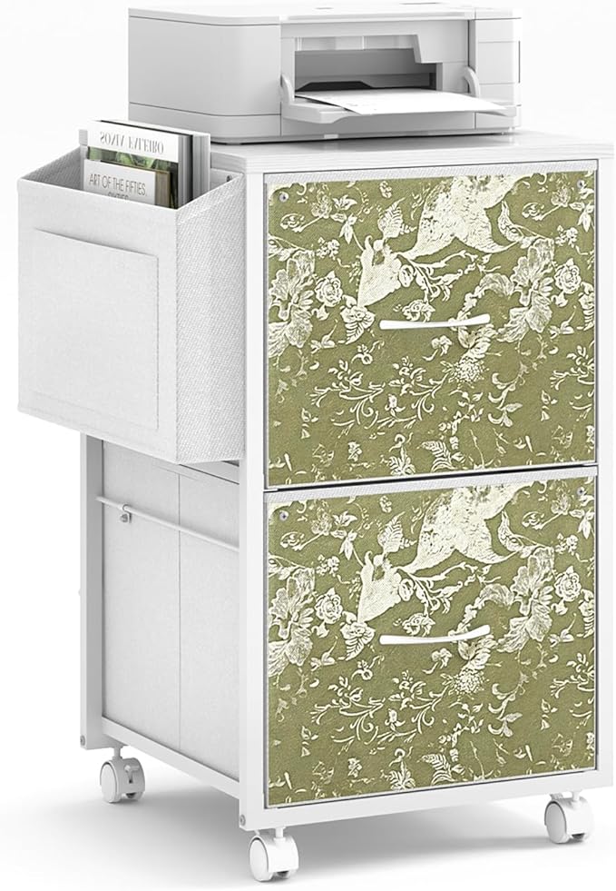 VINGLI 2 Drawer File Cabinet with Side Bag, Rolling File Cabinet Mobile Under Desk File Cabinet with Wheels, Fabric Drawers Printer Stand for Home Office, Fits Letter Size, White Green