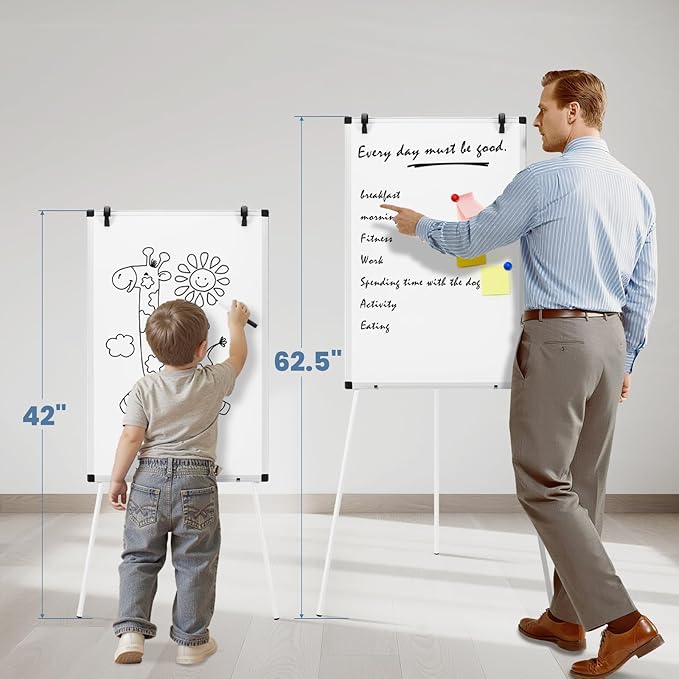 DUMOS Whiteboard Easel 36 x 24 Inches, Magnetic White Board Dry Erase, Porbable Boards Height Adjustable, Dry Erase Board with Stand for School, Office and Home, Silver Aluminium Frame, White
