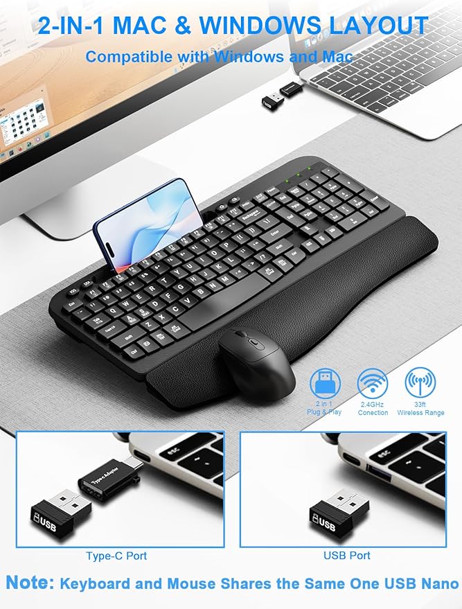 Wireless Keyboard and Mouse Combo, Wave Keys Computer Ergonomic Keyboard with Cushioned Plam Rest, Phone Holder, 2.4GHz Silent 6 Button Wireless Mouse Set for Laptop, PC, Windows, Mac (Black)