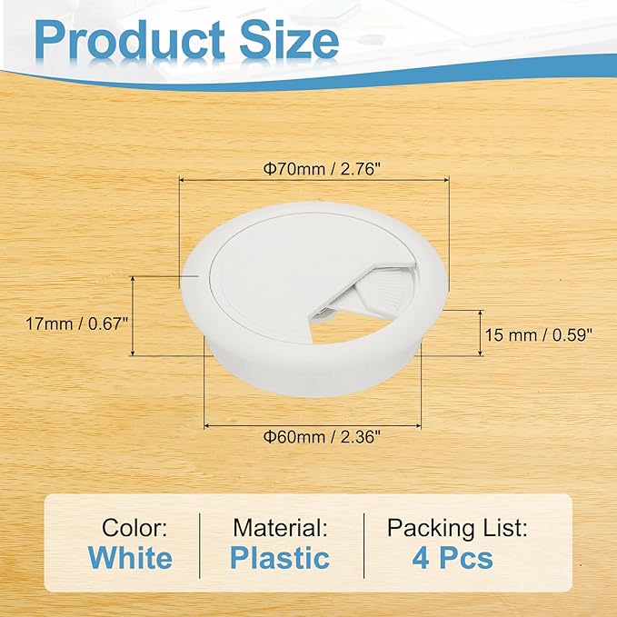 PATIKIL Desk Grommet 2.4", 4 Pcs Plastic Desk Hole Cover Cable Grommet Cord Hole Cover Table Wire Organizer for Home Office Wires Cables Through The Countertop, White