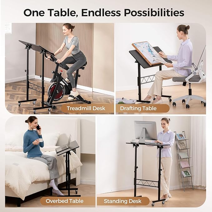 COMHOMA Standing Desk Adjustable Height & Tiltable Tabletop, Portable Stand Up Desk for Laptop, Mobile Folding Desk for Home Office Work and Walking Pad Treadmill, Height 30.7"-46.4", Black
