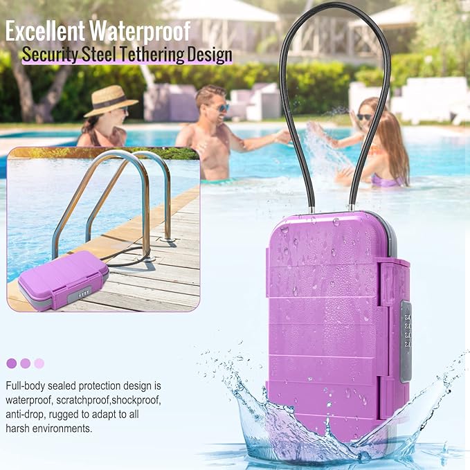 HUANLANG Portable Safe Lock Box with Combination Lock Mini Beach Travel Safe Waterproof Small Lockable Boxs with Removable Wire Rope Combination Lock Box for Dorm,Travel,Beach,Hotel,Car,Home,Office